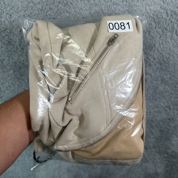 Mine Light Jacket Beige Faux Suede Open Front Zipper Hem Button Detail Jacket - Picture 9 of 10